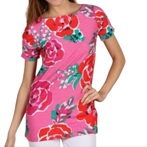 Lilly Pulitzer Tops - Lilly Pulitzer Pink Floral Ruched Puff Sleeve Slim Fit T-Shirt Size L